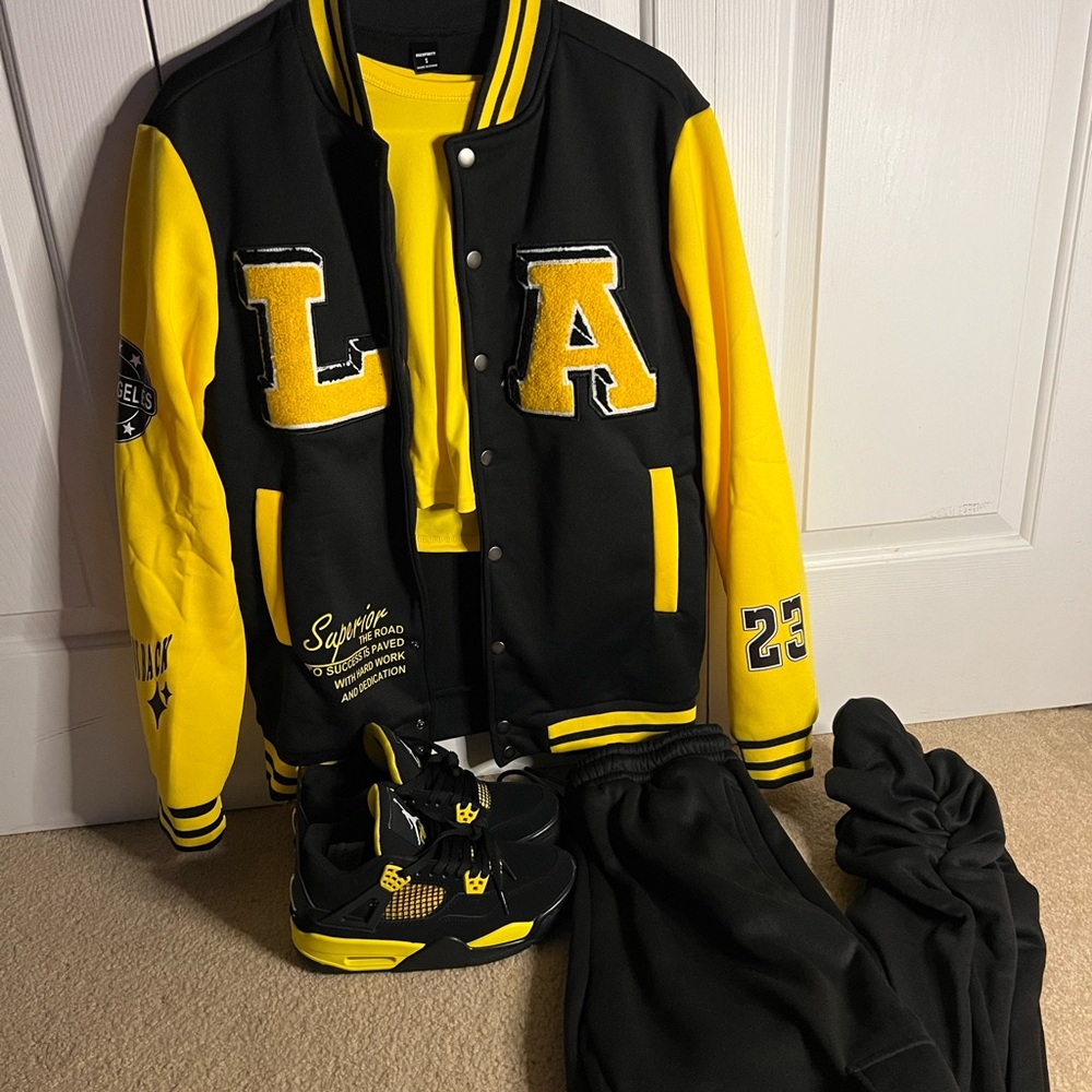LA Black and Yellow Varsity Jacket with Sneakers
